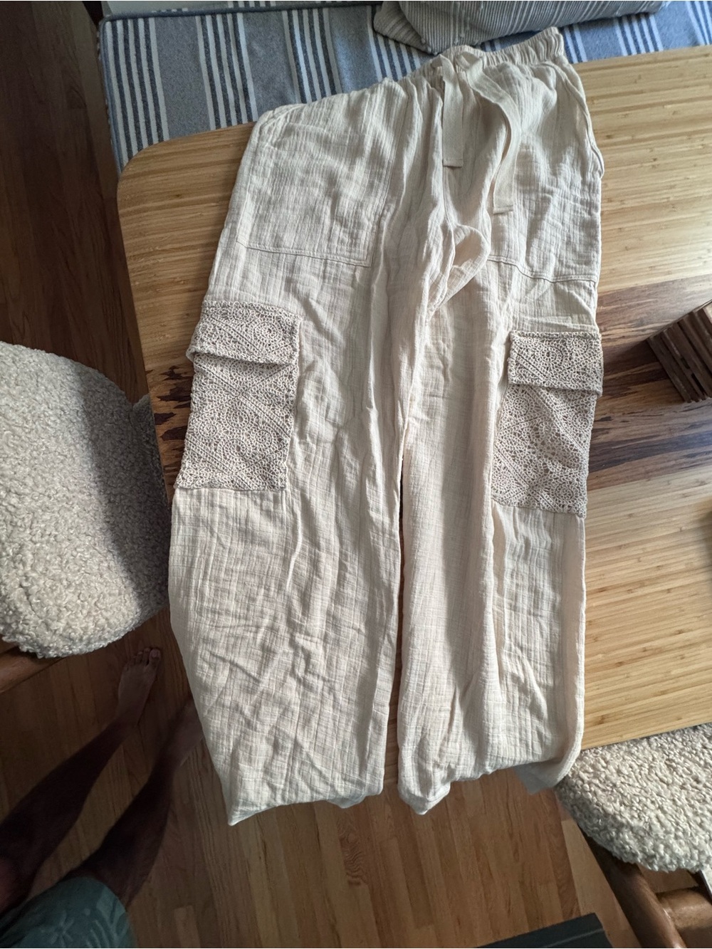 NWT Agua Bendita Flynn Crochet Cargo Pants Size 32 Cream Resort Boho